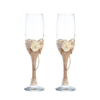 Set pahare sampanie nunta miri / nasi decorate cu iuta, datela si floricele Set pahare sampanie nunta miri / nasi decorate cu iuta, datela si floricele