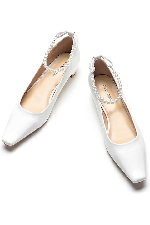 Pantofi cu perle, toc mic, alb, marimea 42, C.Paravano