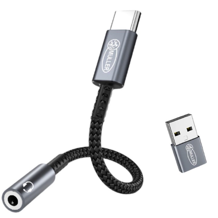 Muller®️ аудио адаптер за телефон, USB Type C - Jack 3.5 mm TRSS, DAC ADC 16bit 48Khz, Hi-Res Hi-Fi и USB to type C адаптер, Сребрист