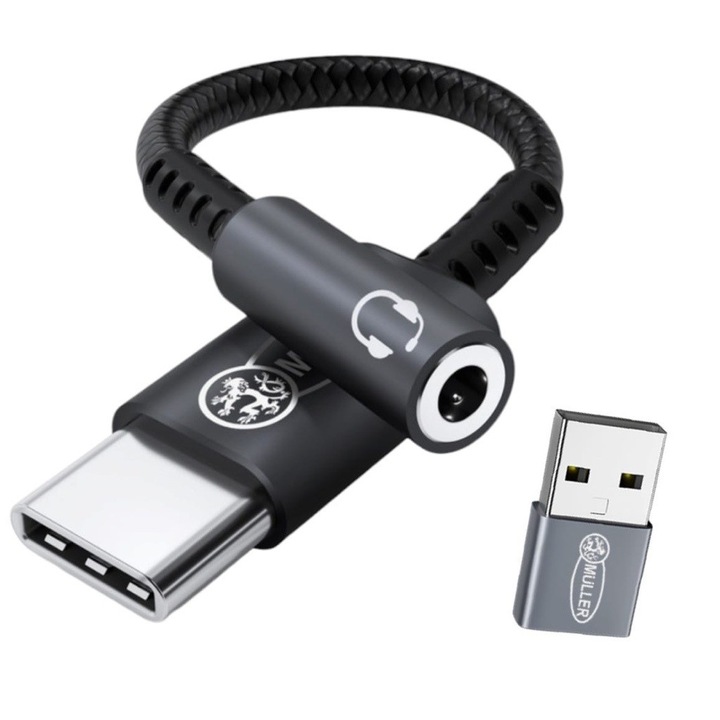 Muller аудио адаптер за телефон, USB Type C - Jack 3.5 mm TRSS, DAC ADC 16bit 48Khz, Hi-Res Hi-Fi и USB to type C адаптер, Черен