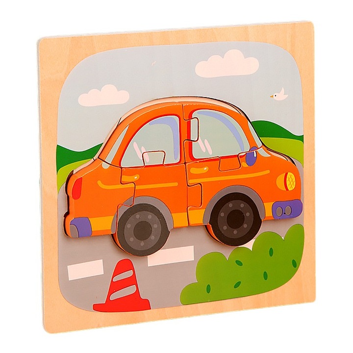 Пъзел за деца Montessori Flippy, 3D, 0-3 години, модел на кола, образователен, интуитивен, креативен, 5 части, дърво, 15x15x0,5 см, многоцветен