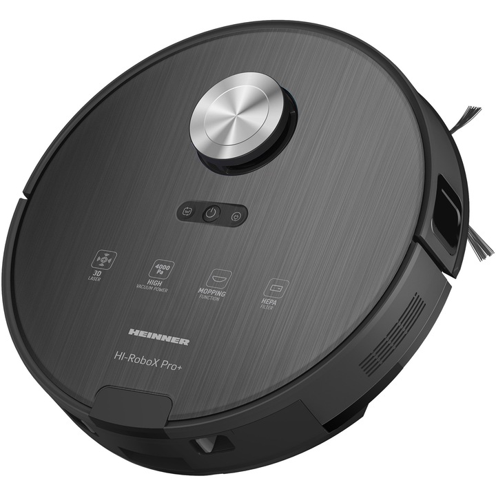Прахосмукачка робот Heinner HI-RoboX+ HRVC-MAI52BK, WI-FI, прахосмукачка и моп, 14.4V/ 5200 mAh, всмукателна мощност 4000Pa, BLDC мотор, LDS навигация, AI технология, автономност: 200 мин., контейнер за прах: 230 мл, резервоар за вода: 240 ml, черен