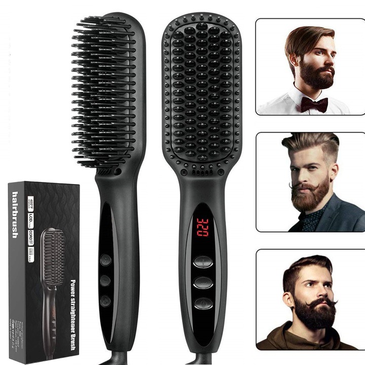 Perie electrica pentru indreptat parul si barba profesionala, 3 reglaje de temperatura, tehnologie ionica, incalzire rapida, design ergonomic, perie ionica incalzita pentru barba barbatilor, pieptene pentru barba pentru coafarea parului si a barbii, negru