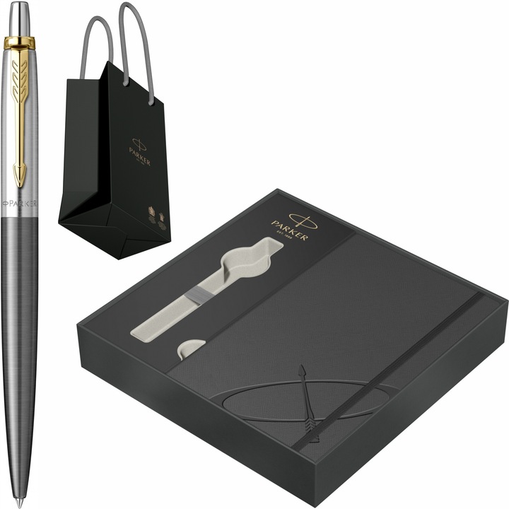 Pix Parker Jotter Royal Core Grey GT cu gravura laser inclusa, in cutie cu agenda Royal III Collection si punga