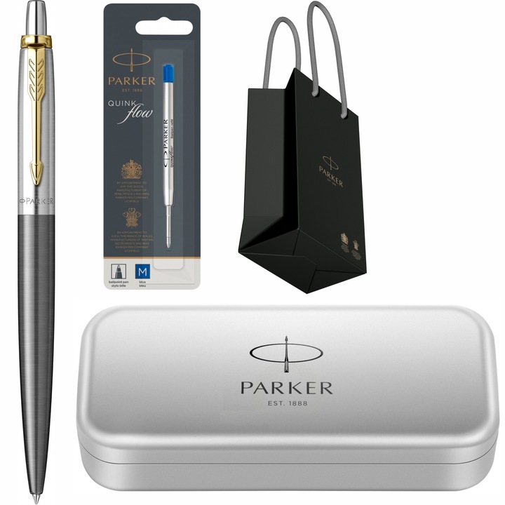 Pix Parker Jotter Royal Core Grey GT cu gravura laser, rezerva pix Jumbo Quink Flow albastra, in cutie de metal Parker si punga
