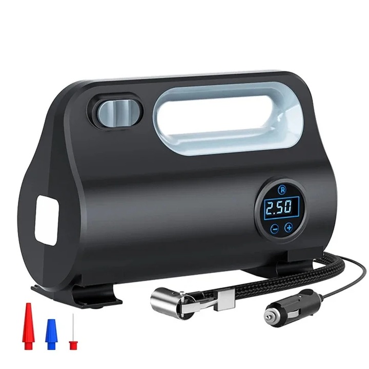 Pompa de aer auto SUITU, presiune prestabilita, patru moduri de umflare, cadran digital LCD, iluminare LED, negru
