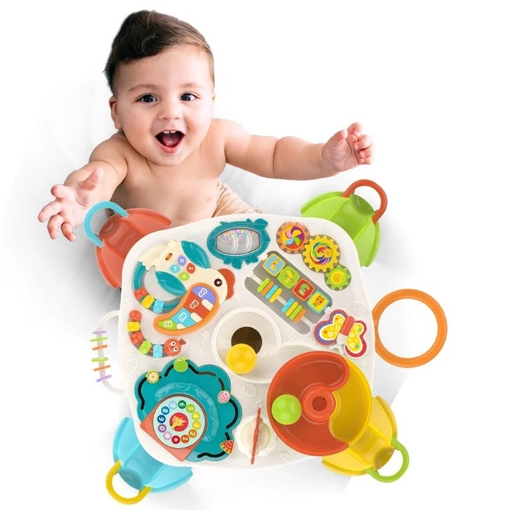 Masuta interactiva cu activitati pentru bebelusi 18 luni+, turn cu bile colorate, 46x46x75 cm, Multicolor