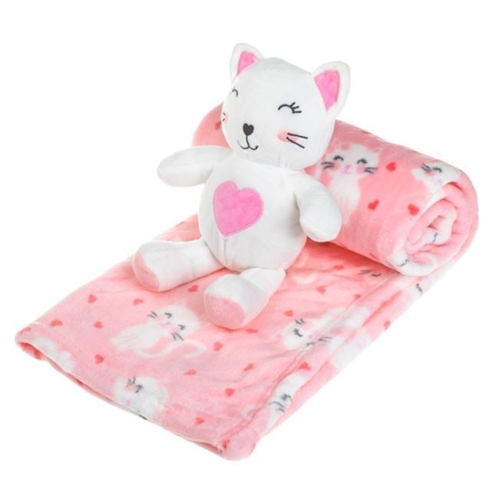 Patura Bebe cu Jucarie de Plus inclusa VENITIVO® Caini, Catifea Soft Velvet, roz pal, 100 x 75 cm, Patura pentru Patut, Carucior sau Landou, Set Cadou Nou Nascut