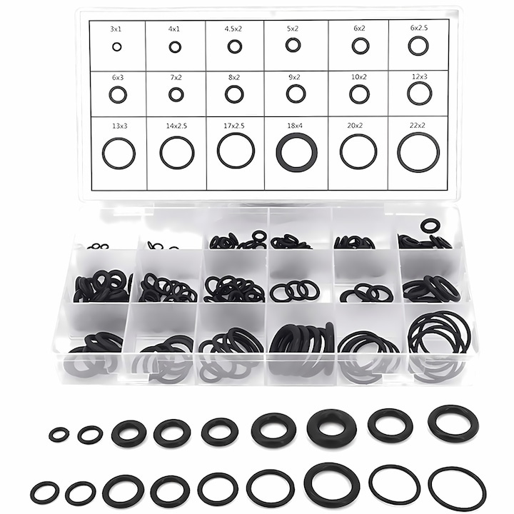 Set 225 garnituri O-ring, Novaza Tech, diverse dimensiuni, ideal pentru motoare, sisteme de aer conditionat si aplicatii auto, Cauciuc, Negru