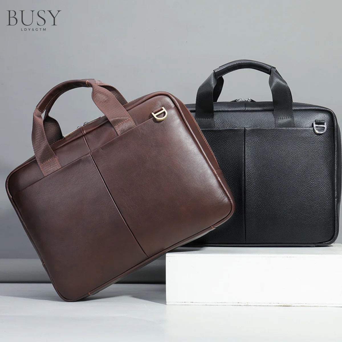 Geanta laptop piele naturala, de umar, BUSY LDY & GTM, premium, servieta, multiple compartimente, negru