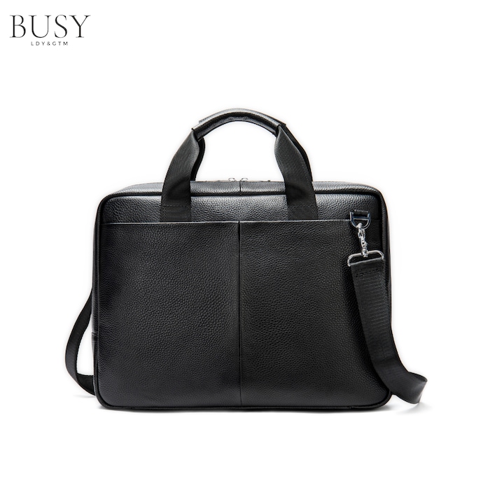 Természetes bőr laptoptáska, váll, BUSY LDY & GTM, prémium, aktatáska, több rekeszes, fekete
