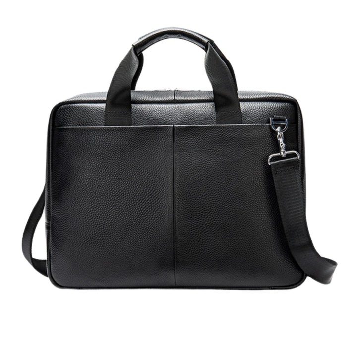 Geanta laptop piele naturala, de umar, BUSY LDY & GTM, premium, servieta, multiple compartimente, negru