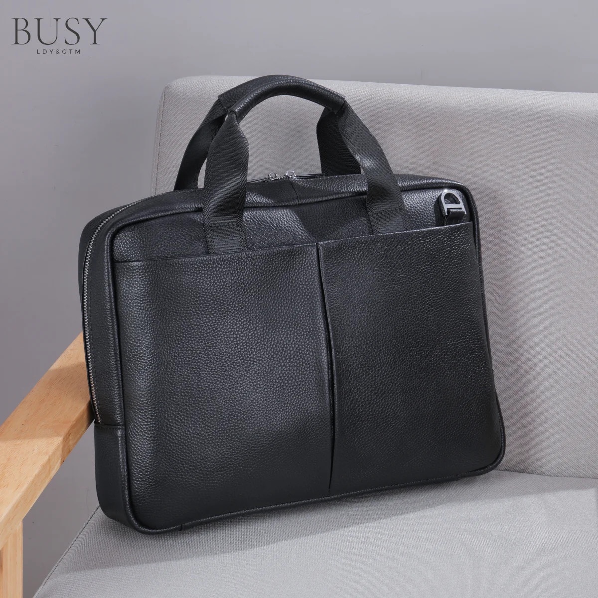 Geanta laptop piele naturala, de umar, BUSY LDY & GTM, premium, servieta, multiple compartimente, negru