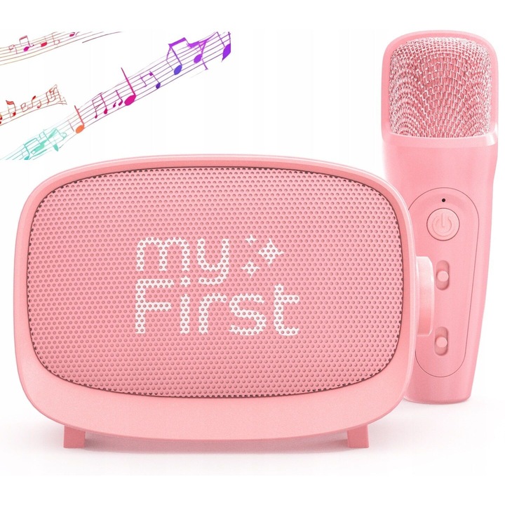 Set microfon difuzor Karaoke 2in1 pe Bluetooth AUX MicroSD pentru copii, myFirst Voice 2, roz
