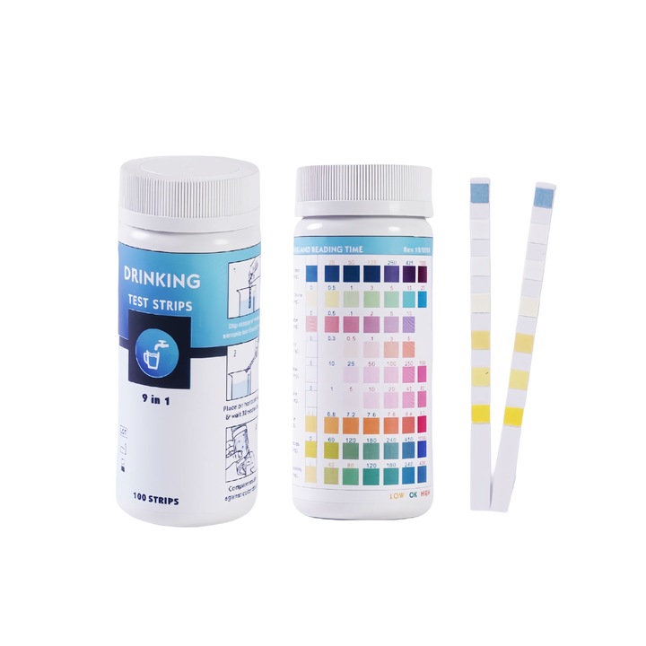 Тест ленти за прясна вода, Domax, 100 броя, 9 параметъра, pH, свободен хлор