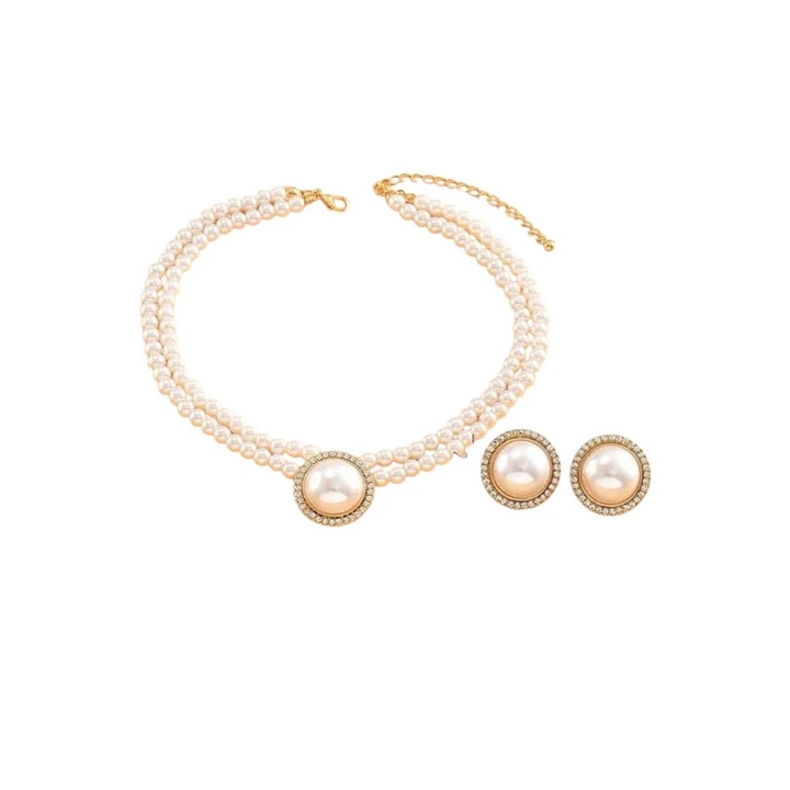 Set colier choker si cercei, auriu, cu perle si pietre, Charles C24