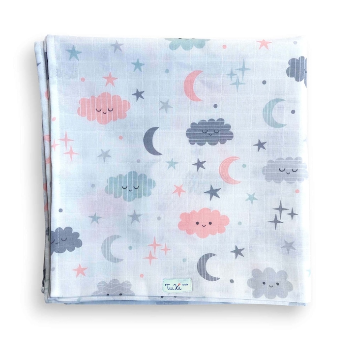 Бебешко одеяло от муселин, голямо 120х120 см, 100% памук, за повиване, звездни облачета