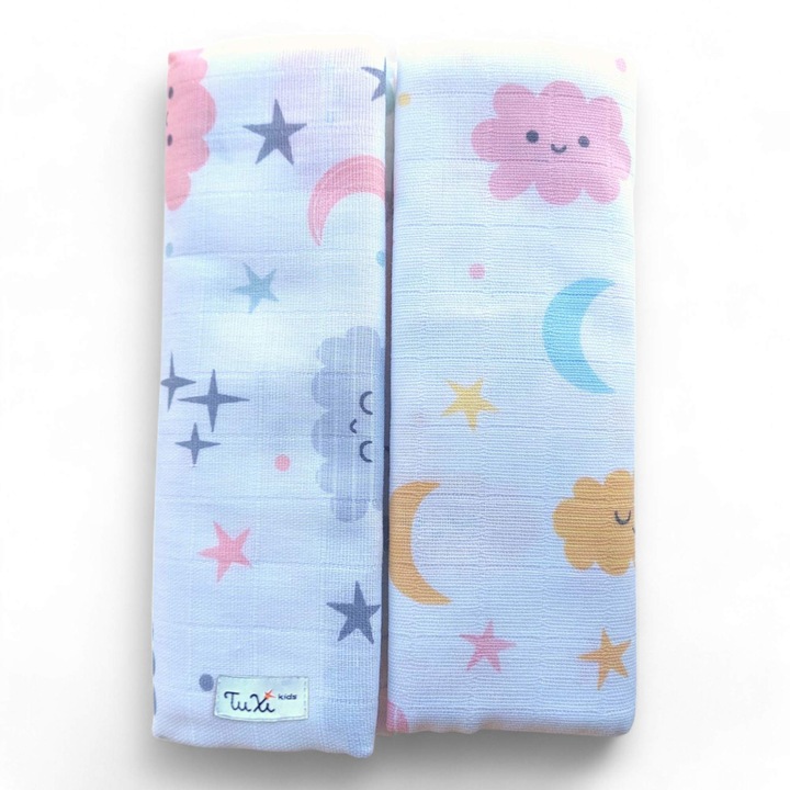 Комплект от 2 бебешки одеяла, муселин, 100% памук, 100х75 см, унисекс, облаци и звезди