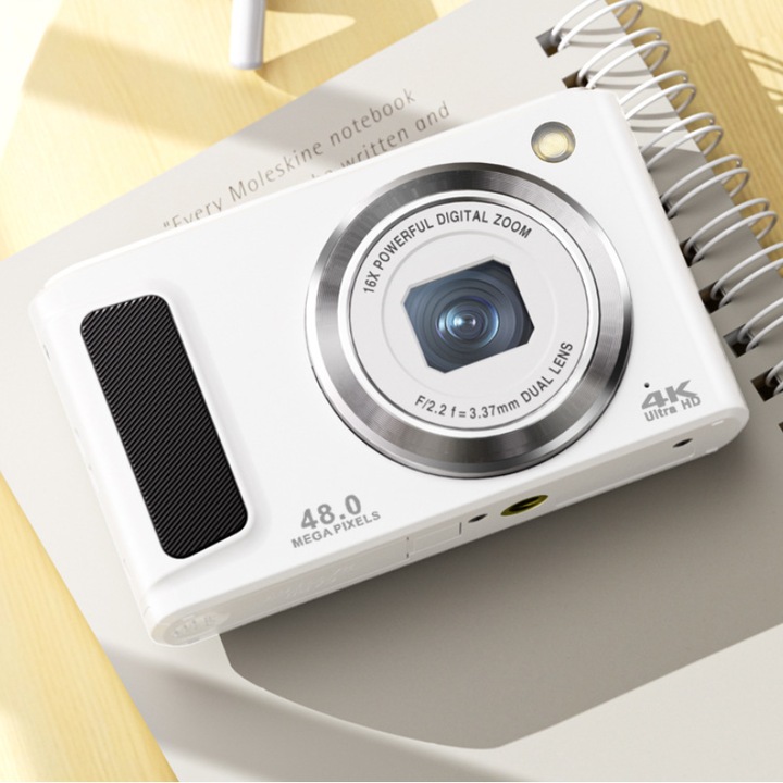 Цифров фотоапарат, 4K HD, 48 мегапиксела, двойна предна и задна камера, 16x цифрово увеличение, таймер, антивибрационен, USB порт, бял