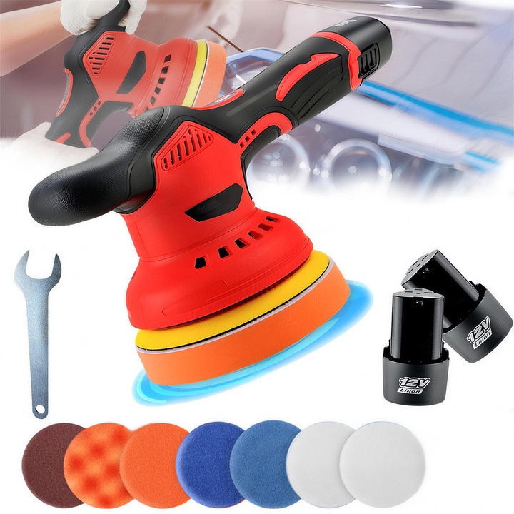 Set masina de polisat auto Fudisenn®, 8 nivele reglabile, 1300mAh, 2 baterii, 2800-5500 RPM, Portabil, Rosu/negru