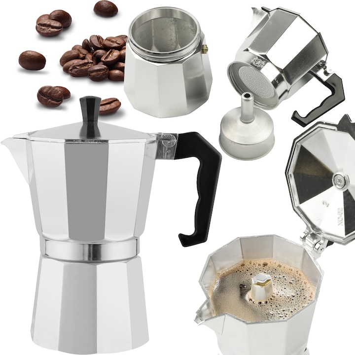 Ibric cafea, capacitate 9 cesti, 450ml, aluminiu, argint, 22 cm