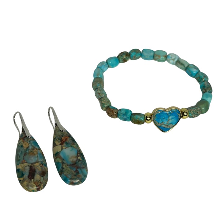 Set Bijuterii din Jasp Imperial - Bleu Turcoaz, Bratara Elastica, Cercei 5 cm