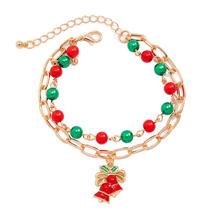 Bratara aurie delicata, 1 buc, margele rosii si verzi si clopotei de Craciun, aliaj metalic, lungime ajustabila