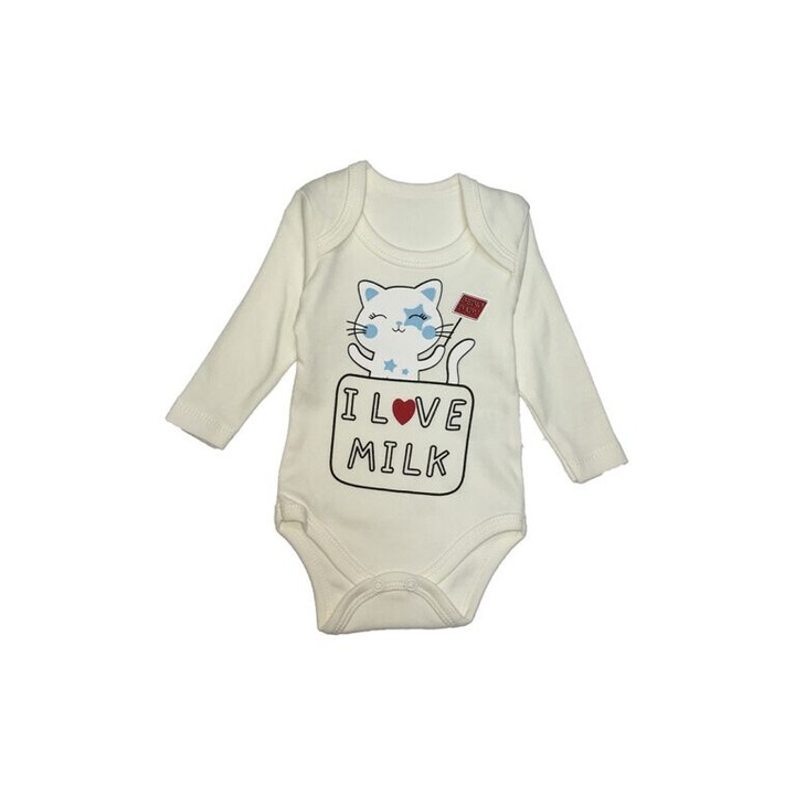 Body bebe, Bebio, cu pisicuta, I love milk, alb crem, Alb crem