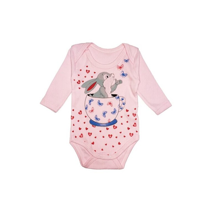 Body bebe, Findik Bby, cu maneca lunga, cu iepuras si inimioare, roz, 68 cm