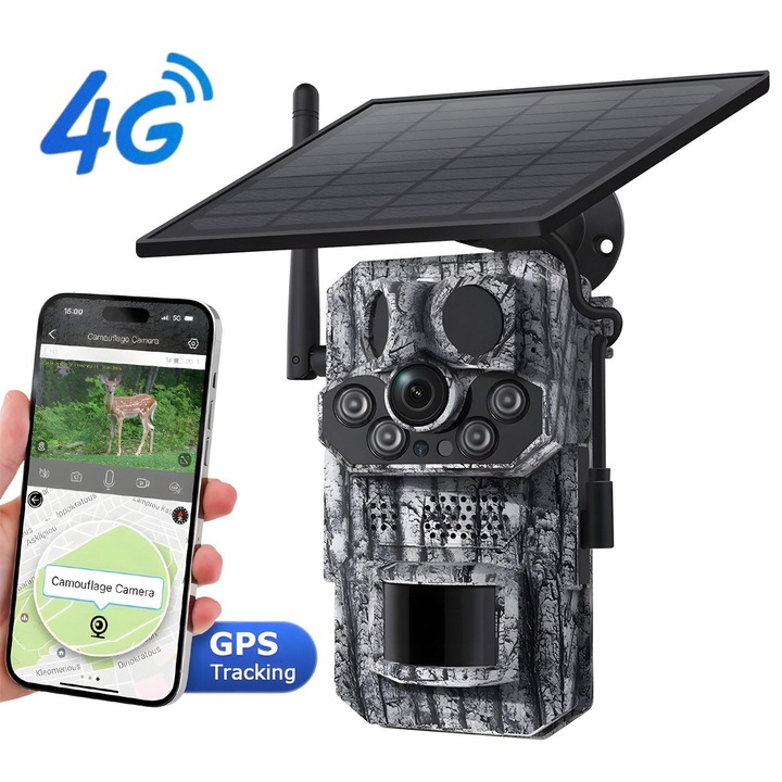 goBERA® Solar 4G megfigyelő kamera, 3 MP HD, 6 W napelem, 7800 mAh akkumulátor, hármas PIR észlelés, állatfelismerés, kétirányú hang, GPS, színes éjszakai látás, TF/felhő tárolás, IP66 ellenállás, álcázás