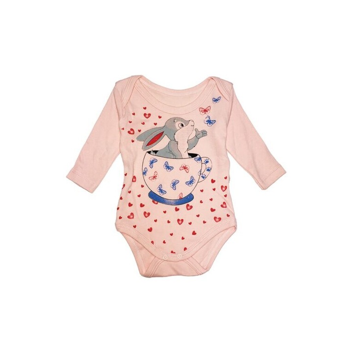 Body bebe, Findik Bby, cu maneca lunga, cu iepuras si inimioare, roz somon, 80 cm