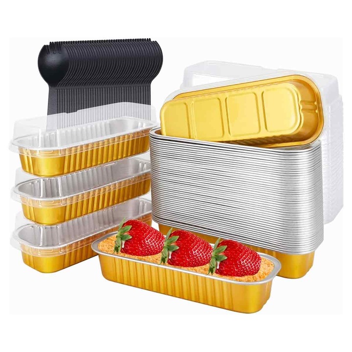 50 db fedős alufóliás tepsi készlet, 6,5"x2,5"x1,2", külön kanalakkal