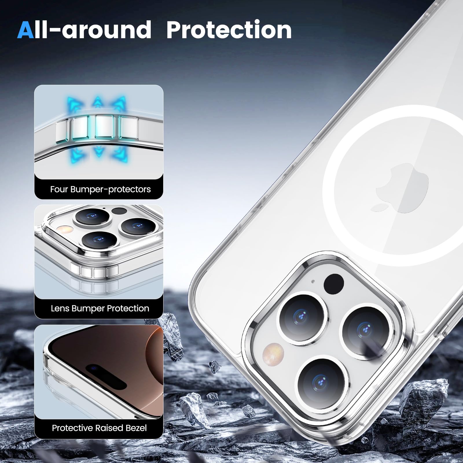 Set 2 piese: Husa transparenta MagSafe + PopSockets magnetic alb pentru iPhone 16 Pro Max - TPU Magnetic Case, Design subtire, Compatibil cu incarcare wireless, Transparent-alb