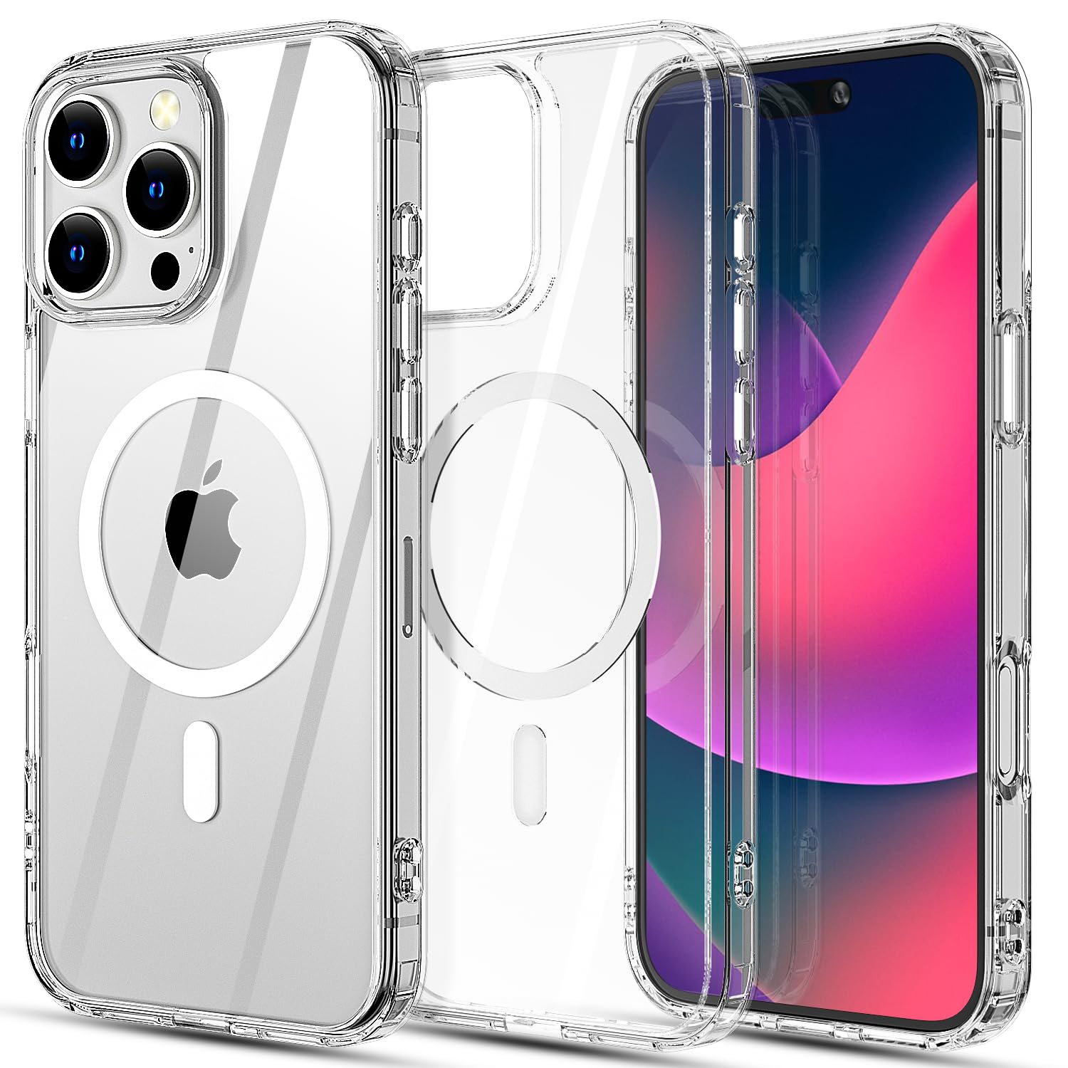 Set 2 piese: Husa transparenta MagSafe + PopSockets magnetic alb pentru iPhone 16 Pro Max - TPU Magnetic Case, Design subtire, Compatibil cu incarcare wireless, Transparent-alb