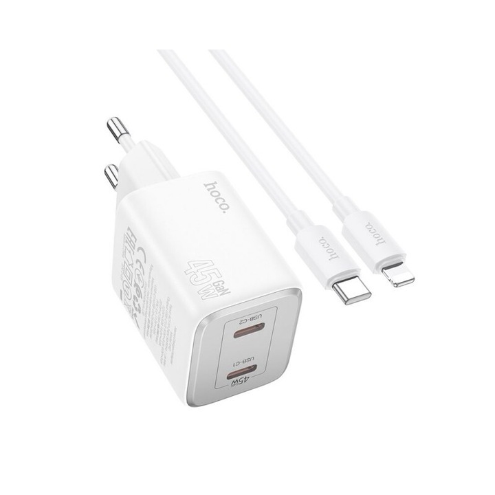 Incarcator Hoco 2 x Usb-C, Putere GaN 45W, Cablu Usb-C La Lightning Inclus, Alb, N42
