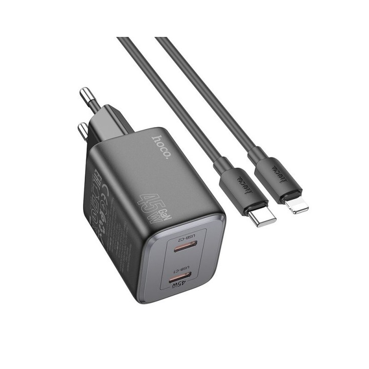 Incarcator Hoco 2 x Usb-C, Putere GaN 45W, Cablu Usb-C La Lightning Inclus, Negru, N42