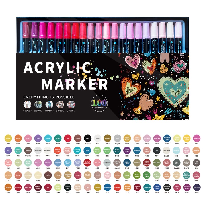 Set carioci acrilice cu doua capete, 100 culori, varf fin si varf gros, non-toxic, pentru desen si pictura