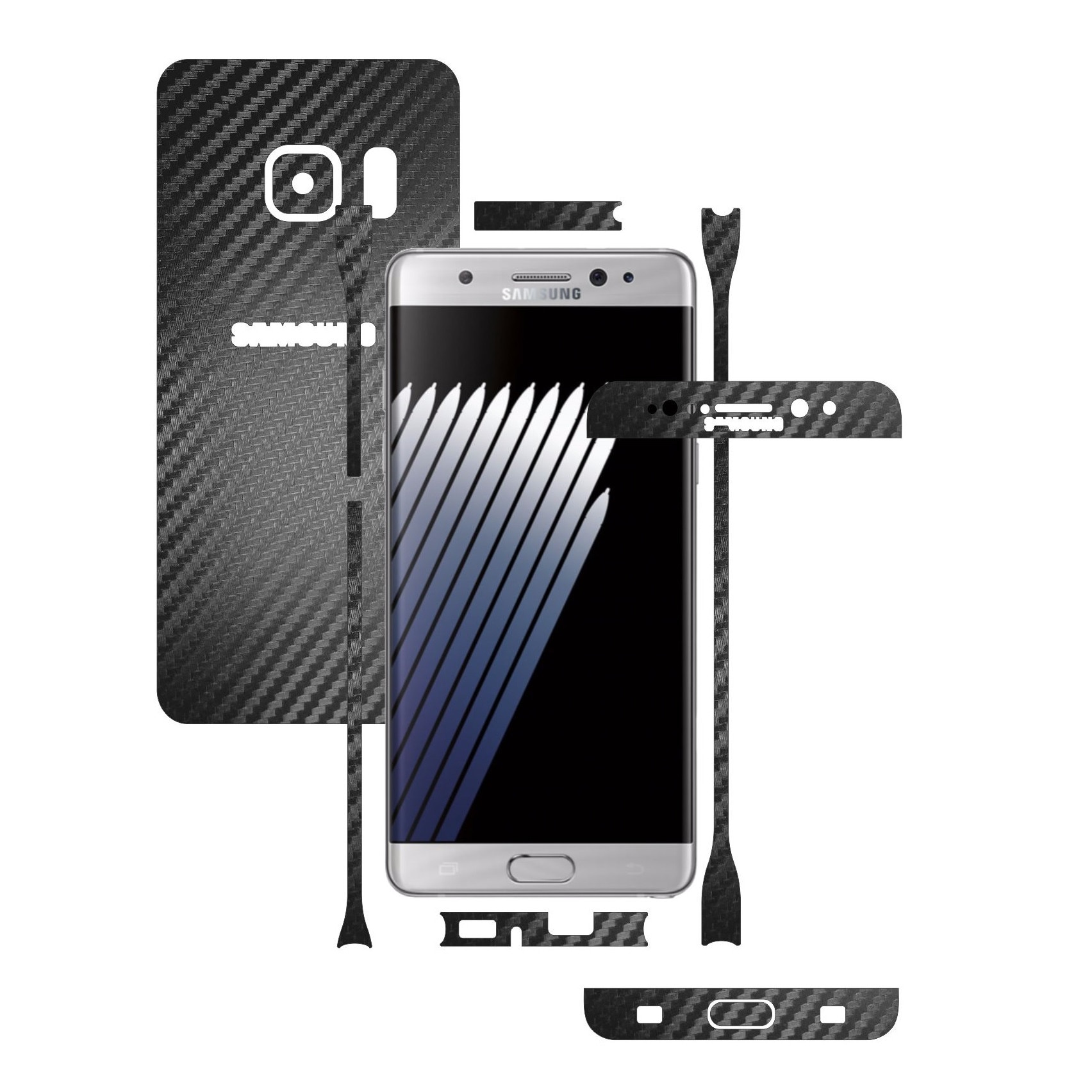1 + 1 GRATUIT - Samsung Galaxy Note 7, 7R, 7 FE - Carbon Negru - Folie de protectie Carbon Skinz, Husa Full Body Cover de tip Skin Adeziv pentru Rama Ecran,Carcasa Spate si Laterale