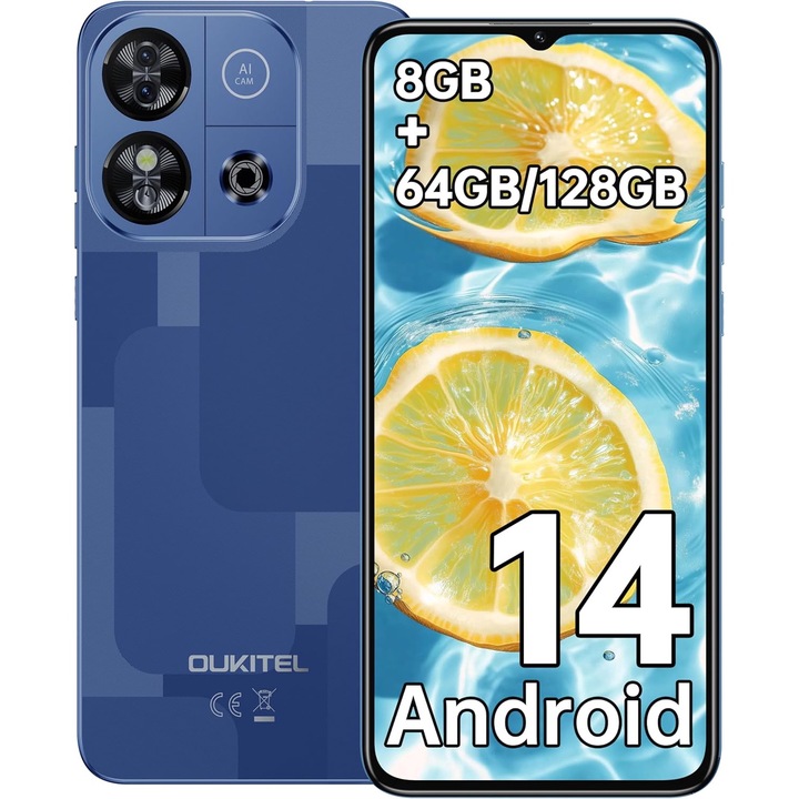 Мобилен телефон OUKITEL C57S, Android 14, 8GB+64GB, 6,52 инча екран, 4300mAh батерия, 13MP, две SIM карти 4G, син