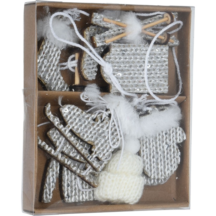 Set 6 figurine/decoratiuni Xmas, lemn, argintiu/alb