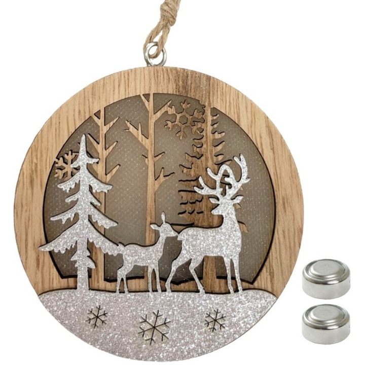 Decoratiune suspendata rotunda de craciun din lemn cu led - ren