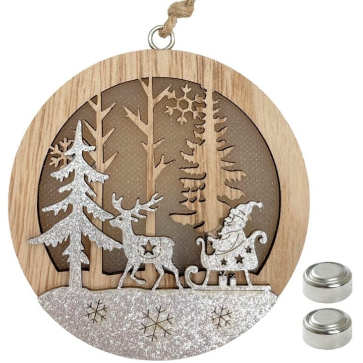 Decoratiune de craciun suspendata din lemn cu led – sanie din lemn