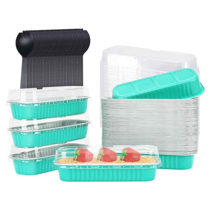 50 db fedős alufóliás tepsi készlet, 6,5"x2,5"x1,2", külön kanalakkal