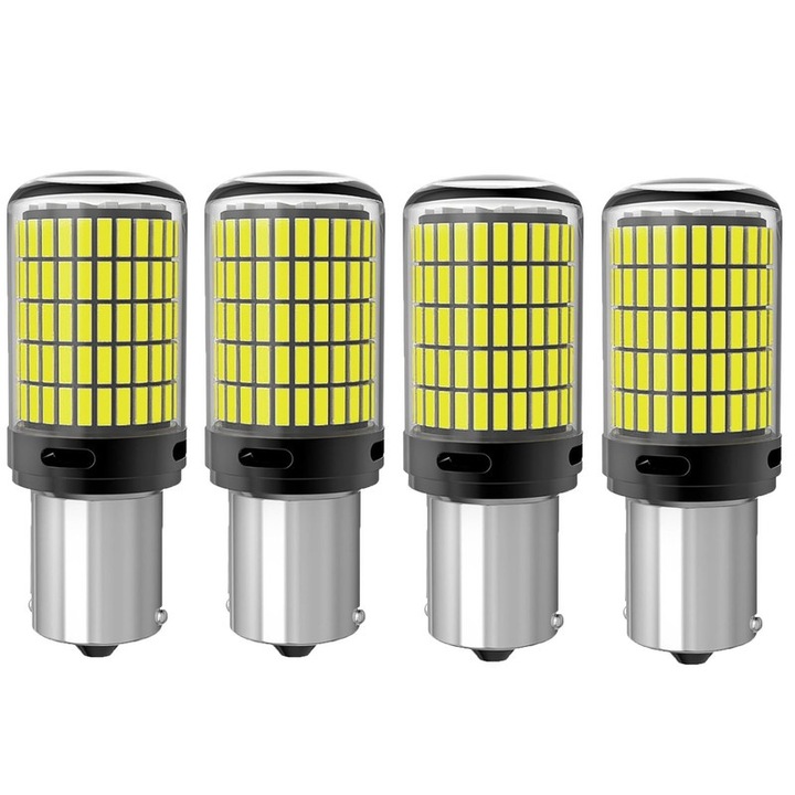 Set de 4 becuri LED 1156/BA15S P21W 3014, Basesailor, 144 LED-uri, alb, pentru semnalizare si frana