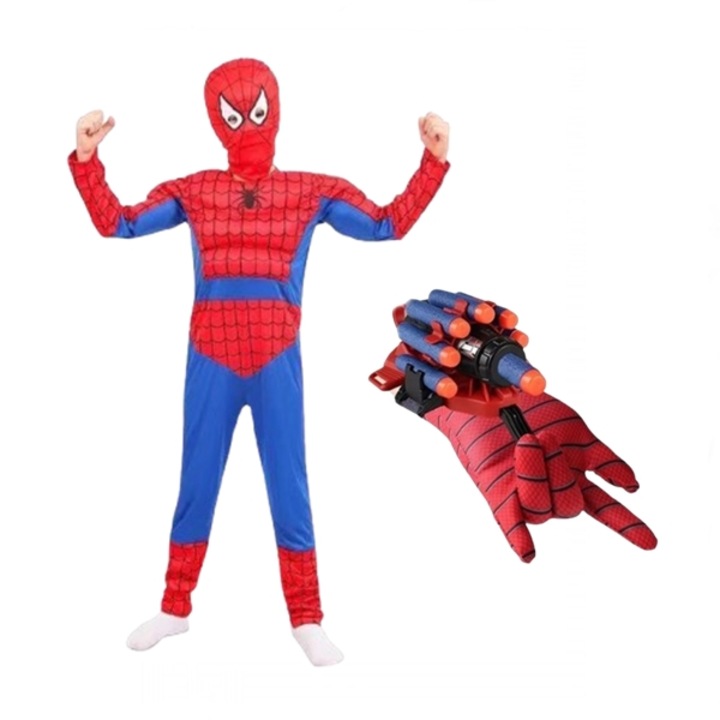 Set costum muschi si manusa lansator cu 7 ventuze din burete Ultimate SpiderMan, 3-5 ani, rosu