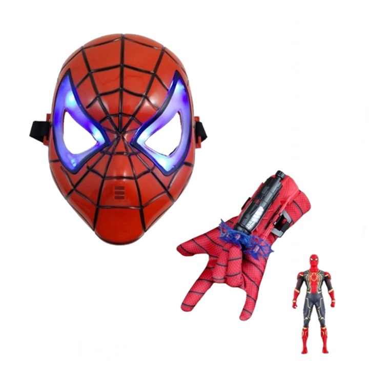 Set masca din plastic, manusa cu ventuze si figurina SpiderMan, Marime Universala, cu LED