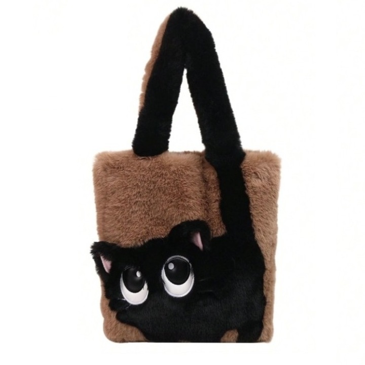 Ökológiai szőrme válltáska, Fekete macska nagy szemekkel, 30x30 cm, bézs színű, The Casius.