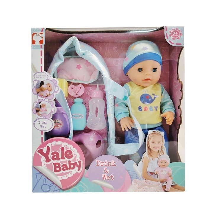 Пикаеща кукла, PROCART, дрешки за момче, ръст 40 см, гърне, залъгалка, шише, 3г.+