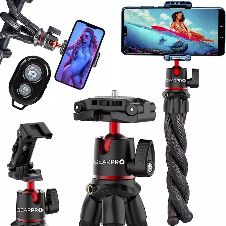 GearPro Go állvány, Gp-21, okostelefonhoz, rugalmas, 360 fokos gömbfej, tartós, fekete