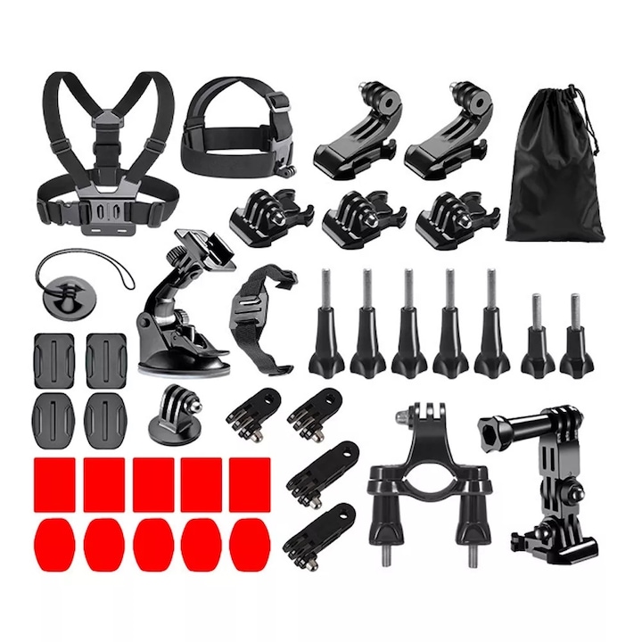 Tartozékkészlet, GearPro Go, GoProhoz, DJI, SJCAM, Insta 360, Univerzális, Kit Large, Bőrönd, Fekete, Piros